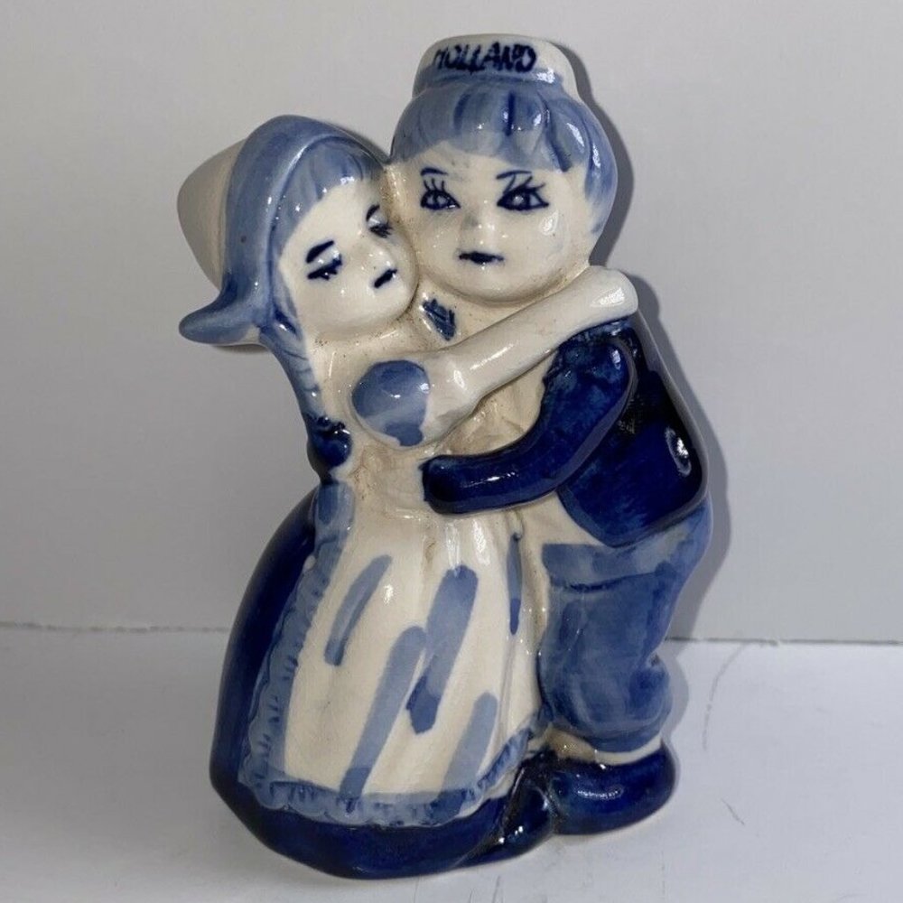 Vintage Hand Painted Delft Boy and Girl Hugging 8" Figurine Free Shipping